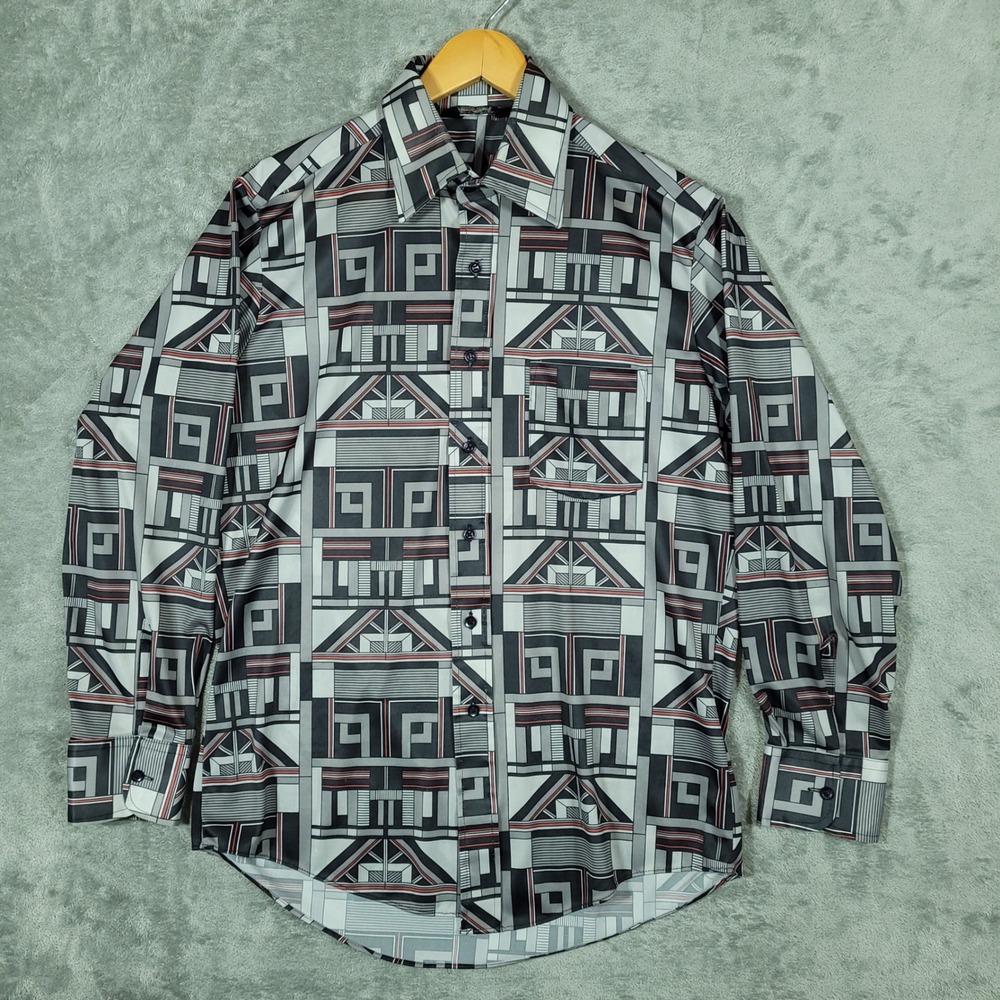 Vintage Kingsport Button Up Mens M Disco Gray Geometric Architectural Print 70s